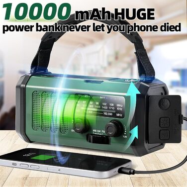 Радіо на ручному приводі з сонячною панеллю та ручкою, 37000 мWh, NOAA AM/FM, з ліхтариком та зарядкою для телефону, для дому та надзвичайних ситуацій