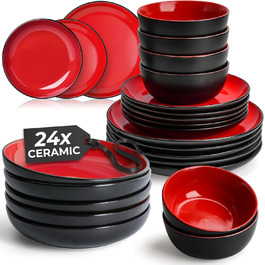 MIAMIO Набір посуду на 6 осіб / 24-тісний набір посуду з каменю, сервіз з тарілками, мисками, чашками та суповими тарілками - колекція Le Papillon (Червоний, 24 елементи)