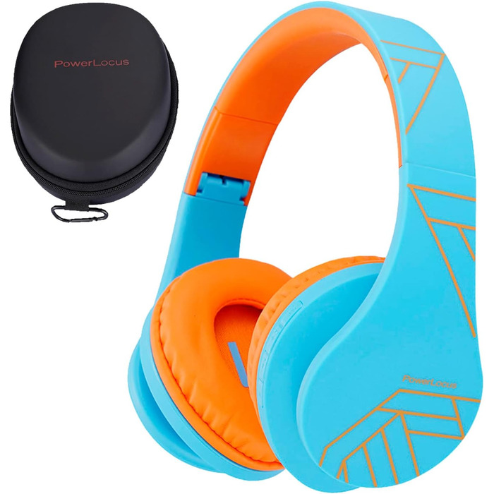 Дитячі навушники PowerLocus Bluetooth з обмеженням гучності 85dB, складні, з чохлом, Over-Ear, бездротові та провідні з мікрофоном, Micro-SD для телефону, ПК, планшета, помаранчеві
