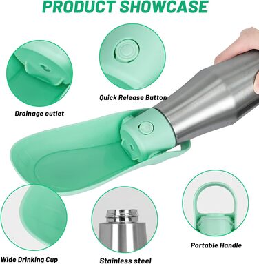 Водяна пляшка для собак ZoneYan 750 мл з нержавіючої сталі, портативна, витокозахисна, для подорожей, парків, кемпінгу, піших прогулянок (світло-зелена)