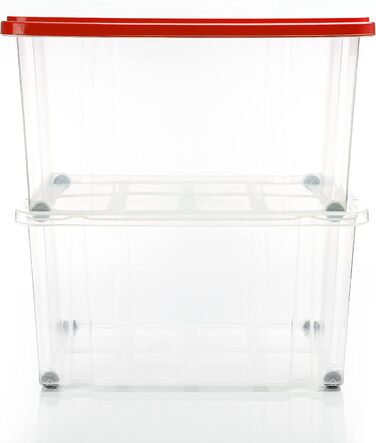 BigDean 4-Piece 60L Storage Box with Lid Large Steel - Stackable, Robust Box, BPA-Free - Rollable Stack Box with Secure Click Closures - Made in Germany (Red Transparent)
