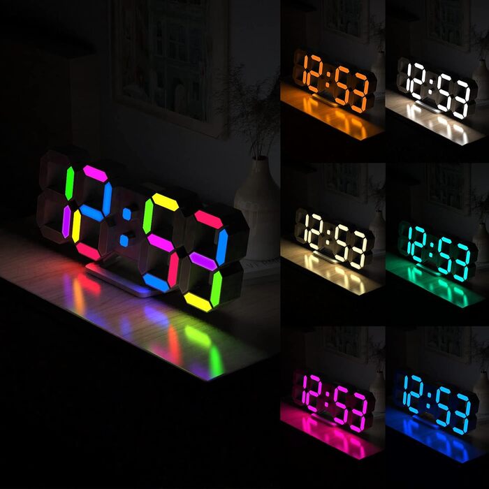 EDUP HOME 3D LED Alarm Clock Digital, 9.7 Inch 7 Colors Silent Snooze USB 12/24 Hour Date Temperature with RGB, APP Control and Remote Control Clock for Bedroom/Living Room/Office
