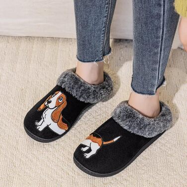 Тапочки домашні жіночі/чоловічі з вишивкою у вигляді собаки, теплі, з плюшевою підкладкою, зимові, чорні (42/43 EU)