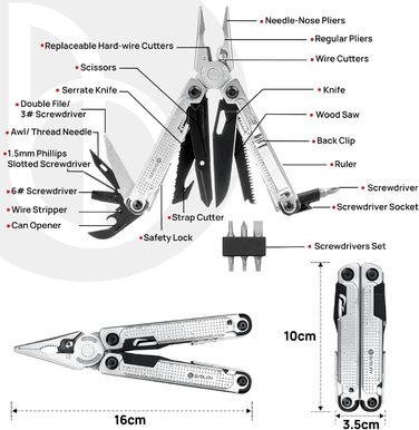 BIBURY Multitool Pliers, Stainless Steel Multi Tool with Improved Wire Cutter & Screw Driver, Folding Self-Locking Multitools with Nylon Pouch for Camping, Hiking, Survival, Gift for Men, Dad