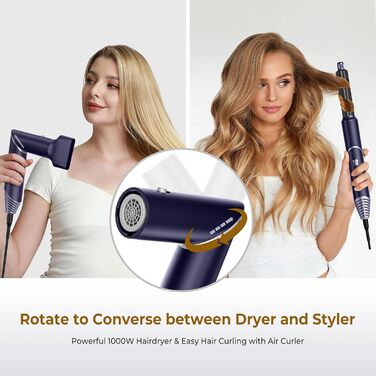 UKLISS 6-в-1 Аirstyler: Фен-щітка, Дифузор, Локон-щітка, Горячий повітря, Іонізація 60,000 U/min, Золотий (Синій)