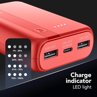 Power Bank Cellularline 20000 mAh з USB-C та 2x USB-A, LED-індикатор, червоний