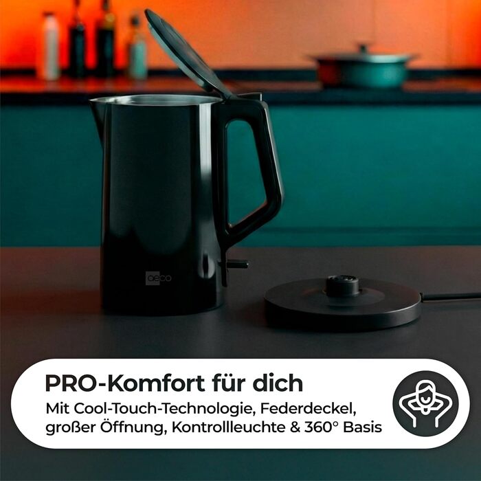 Електричний чайник Aeco AQA NEO з нержавіючої сталі, 1.7 л, 2150 Вт, без BPA, фільтр від накипу, бездротовий, CoolTouch, шампань сріблястий