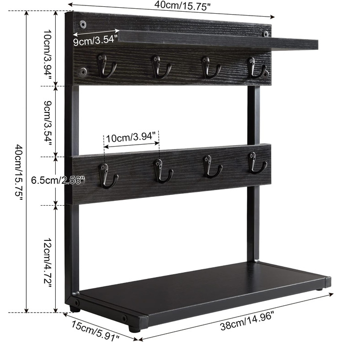 Vintage Mug Holder with 8 Hooks, Coffee Cup Holder for Kitchen Countertop, Cup Rack with Storage Base, for Kitchen Dining Room Cafe 40 x 15 x 40 cm, TBJ002H (with Shelf, Black)