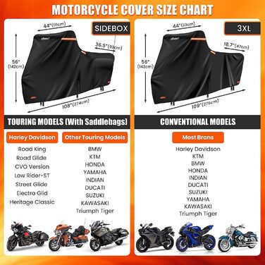 Водонепроникний чохол для мотоцикла Harley Davidson Touring, 420D, преміум-якість, захист від дощу, пилу та UV, для моделей із боковими кофрами (274x111x142 см), чорний