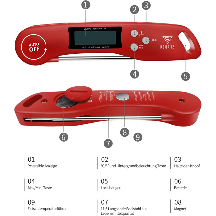 Цифровий термометр для м'яса DOQAUS: приготування на грилі, BBQ, приготування їжі. Швидке зчитування, довга сонда, LCD-дисплей.