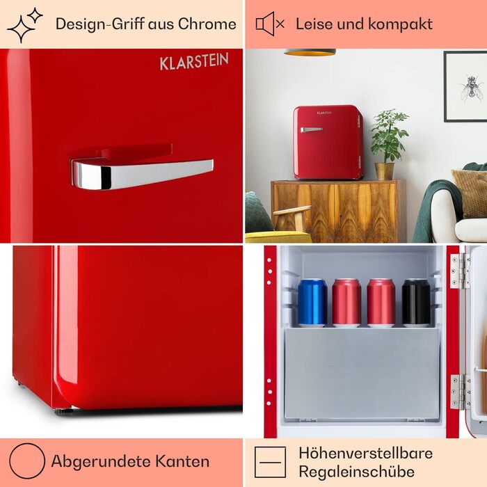 Klarstein Mini Kühlschrank з морозильною камерою 37л: компактний холодильник для напоїв та косметики, ретро-дизайн, тихий, для кімнати, 2в1, червоний, енергоклас E