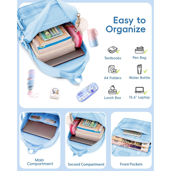 Шкільний рюкзак Tanou для дівчаток-підлітків, великий набір з сумкою через плече, в клітинку, 26L, блакитний