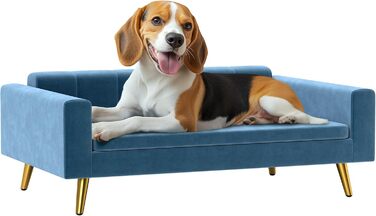 PawHut Софа для собак, лежанка для собак, м'яка з велюру, 94 x 59,5 x 31,5 см, скандинавський дизайн, на ніжках, з подушкою, нержавіюча сталь, блакитна