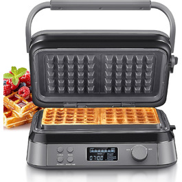 1600W Belgian Waffle Maker - 5 Programs, 7 Browning Levels, LCD Display, Timer, Stainless Steel
