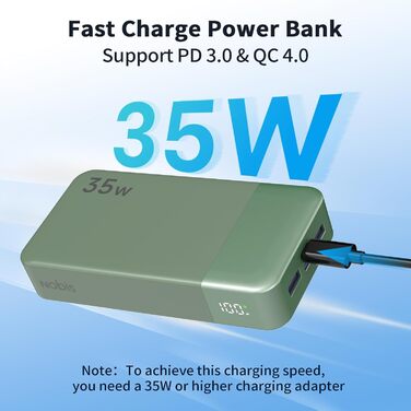 Power Bank Nobis 20000mAh з LED дисплеєм, 35W USB-C, 4 порти, для MacBook, iPhone 15, Samsung S23 (зелений)