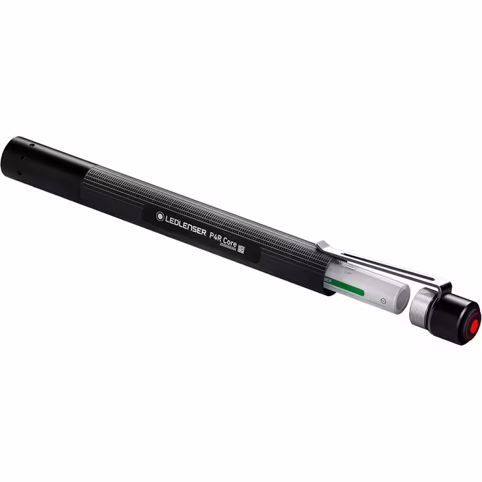 Ledlenser P4R Core LED Penlight, 200 Lumens, rechargeable with lithium battery, focusable, three brightness levels, beam distance 95m, USB charging cable & clip, Penlight, Black