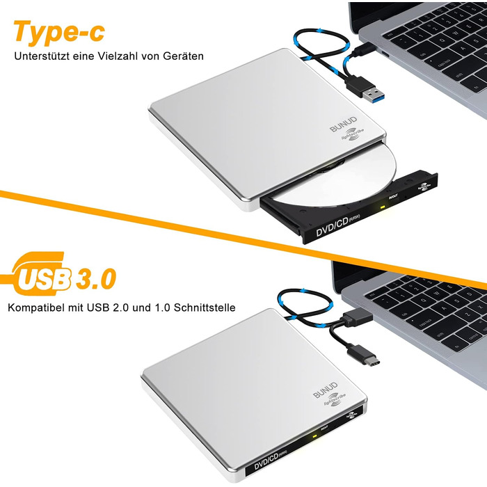 Зовнішній DVD-накопичувач BUNUD Lightscribe для Mac та Windows: USB 3.0 Type-C, DVD-записувач з картридером SD/TF та 2 USB-портами для MacBook, iMac, ноутбуків та PC