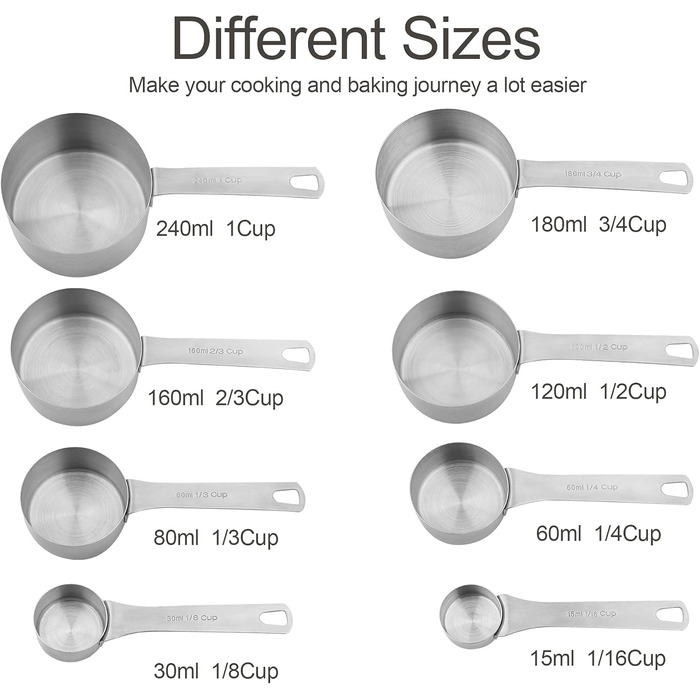 Measuring Cup and Spoon Set, 18/8 Stainless Steel - 8 Measuring Cups and 9 Measuring Spoons with Leveler and Measuring Equivalents, Kitchen and Baking Measuring Cups and Spoons 19-Piece Set
