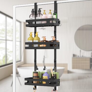 Настінна поличка для душу YEAUPE PRO 3 яруси – органайзер для ванної кімнати без свердління, з 2 присосками, 6 гачками, чорний, до 18 кг