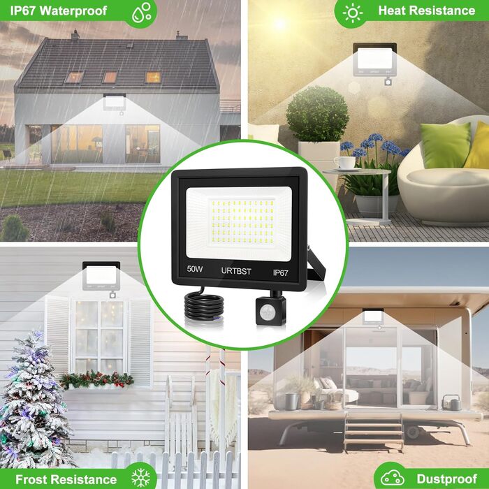 LED прожектор з датчиком руху для вулиці, 50Вт, 5000Лм, IP67, 7000K холодне біле світло, надяскравий, для саду, гаража, подвір'я (2 шт)