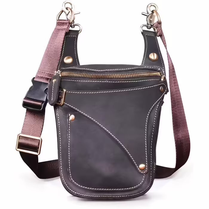 Le'aokuu Men's Leather Motorcycle Hip Bag Messenger Shoulder Drop Leg Bag (9326 Dark Black)