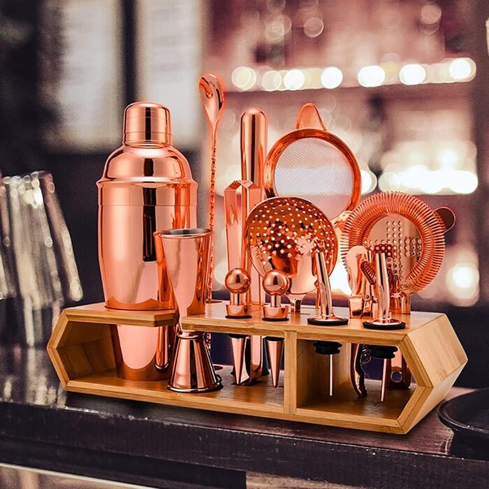 Набір для коктейлів Hansum, 18 предметів, нержавіюча сталь, рожеве золото, з дерев'яною підставкою для бармена