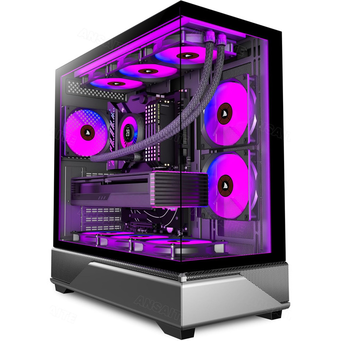 Ігровий корпус для ПК ANSAITE ATX Mid-Tower, 6 ARGB PWM вентиляторів, панорамне загартоване скло, USB Type-C, підтримка радіатора 360мм, чорний/фіолетовий
