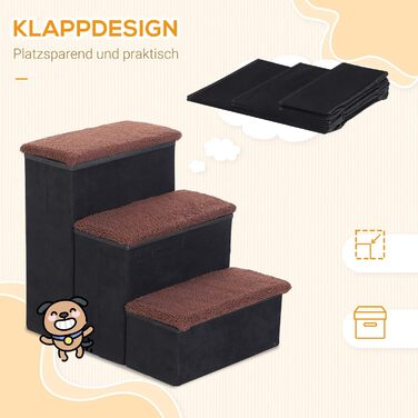 PawHut Pet Stairs Cat Stairs Dog Stairs Foldable 3 Steps Pet Stairs with Storage Space for Cats and Dogs MDF White 40 x 54 x 48 cm (Black)