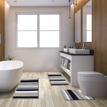 Pauwer Soft Bath Mats & Bath Rugs Set of 3, Microfiber, Non-Slip, Water-Absorbent Bathroom Rugs, Machine Washable, Bath Mat and Toilet Mat for Shower, Bathtub, and Toilet (Black) Black 50 x 80 cm + 45 x 65 cm + 50 x 60 cm
