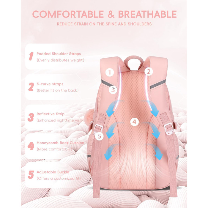 Рожевий шкільний рюкзак для дівчаток Tanou, 9-16 років, великий, водонепроникний, з брелоком