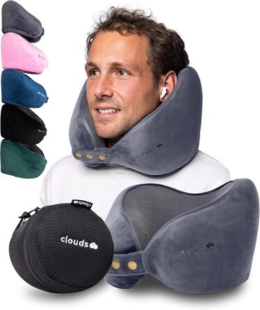Подушка для шиї CLOUDS – зручна подушка для подорожей на літаку та в авто з memory foam, 2 розміри, дихаючий чохол, 5 кольорів (сірий, L/XL)