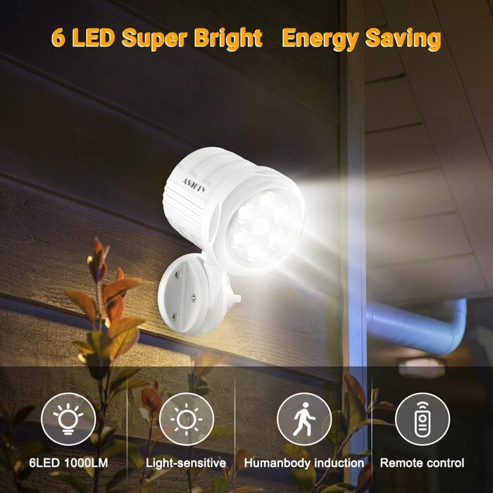 ASOFTY Motion Sensor Outdoor Battery Spotlight with Remote Control, 6 LED Wireless Battery-Powered 1000LM Spot Lamps, IP65 Waterproof Security Lamp for Garden, Garage, Indoor and Outdoor