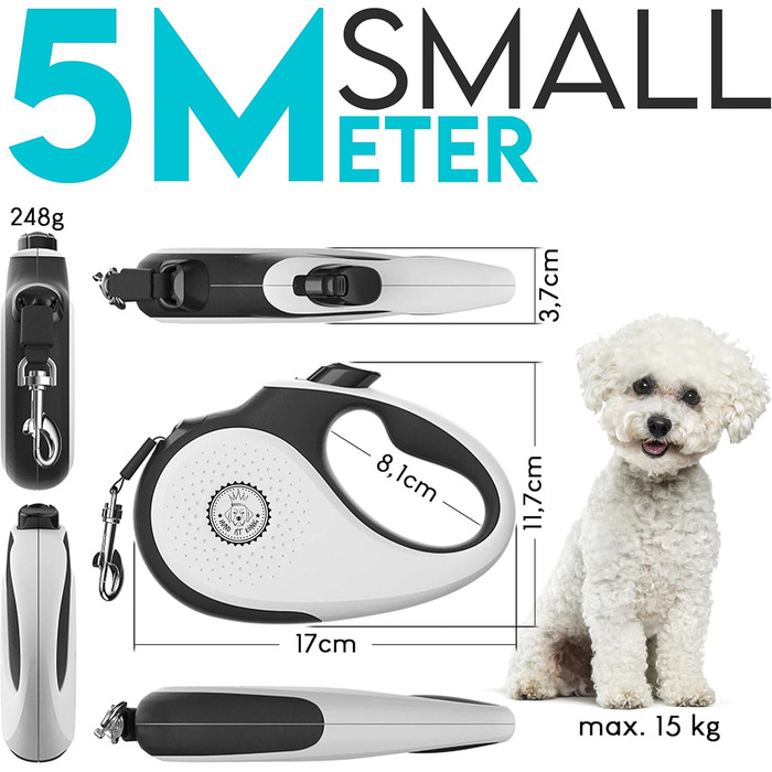 Висувна поводок для собак HUND IST KÖNIG 5м | Для малих та великих собак | Зручна ручка, міцна | Білий, чорний