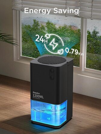 EasyAcc Електричний осушувач повітря 1200 мл, компактний, тихий, портативний, з автовимкненням та режимом сну. Ідеально для дому та офісу (чорний)