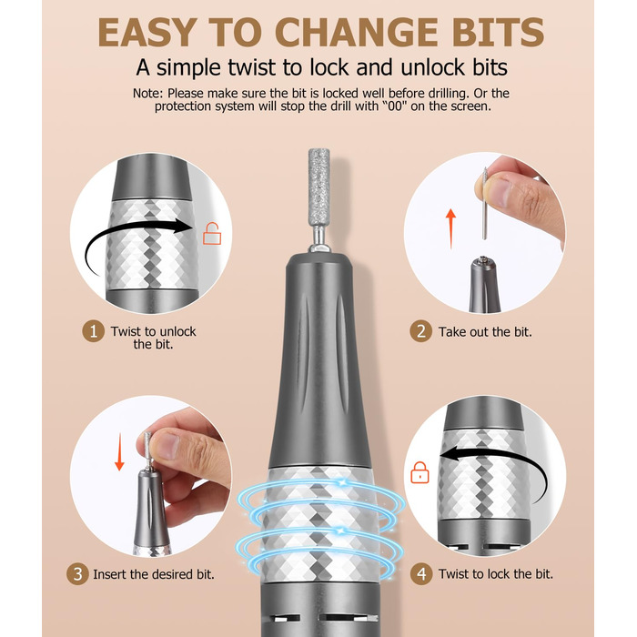 Електрична нігтьова фрезер 45000 RPM з LCD-дисплеєм для манікюру та педикюру, професійна, рожеве золото
