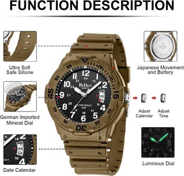 HANPOSH чоловічий годинник: аналоговий кварцовий годинник для чоловіків з датою, водонепроникний 50M, стильний дизайн, силіконовий ремінець (06- Khaki Schwarz)