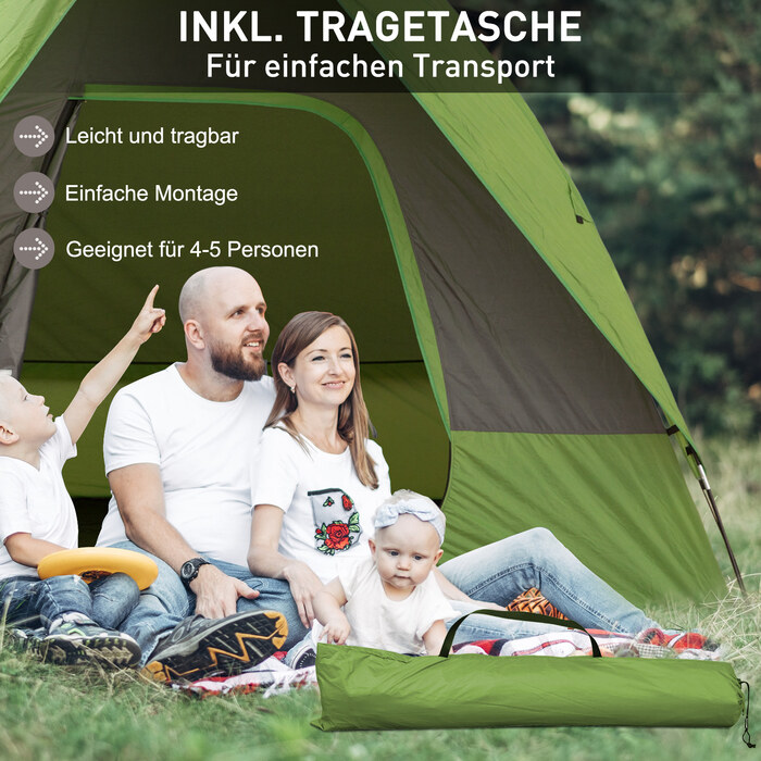 Намет Outsunny для кемпінгу/автонамет на 4-5 осіб, розміром 300 x 300 x 230 см, з використанням скловолокна та поліестеру, зелений колір, ідеально підходить для активного відпочинку на природі.