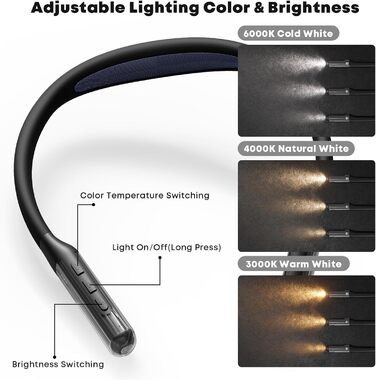 Ліхтар на шию LQWELL для читання, в'язання, рукоділля: LED лампа з регульованою яскравістю та кольором, акумуляторна, чорна