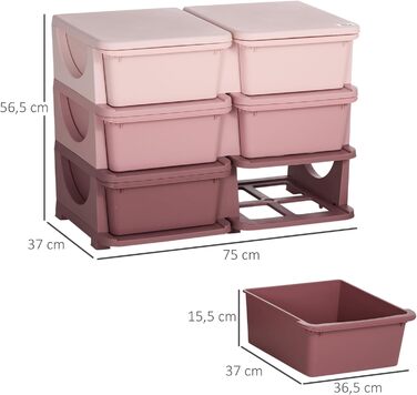 HOMCOM Kids' Chest of Drawers with Storage Boxes, Toy Organizer, Toy Box, Three Tiers for Children's Room, 3-6 Years, Children's Furniture, 37 x 37 x 56.5 cm (75L x 37W x 56.5H cm, Pink+Purple)