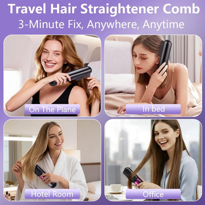 Бездротова випрямляюча щітка LOPHE з LED-дисплеєм, 3 температурні режими, для волосся та бороди, білий (чорно-фіолетовий)