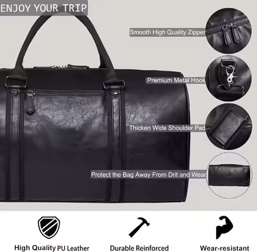 Seyfocnia PU Leather Travel Bag, Black, Extra Large, Duffelbag, Waterproof, Carry-on, Weekend or Business Trip, Unisex