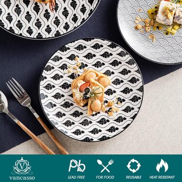 Набір посуду Vancasso Haruka 48 предметів: тарілки, миски, чашки (чорний + кремовий)