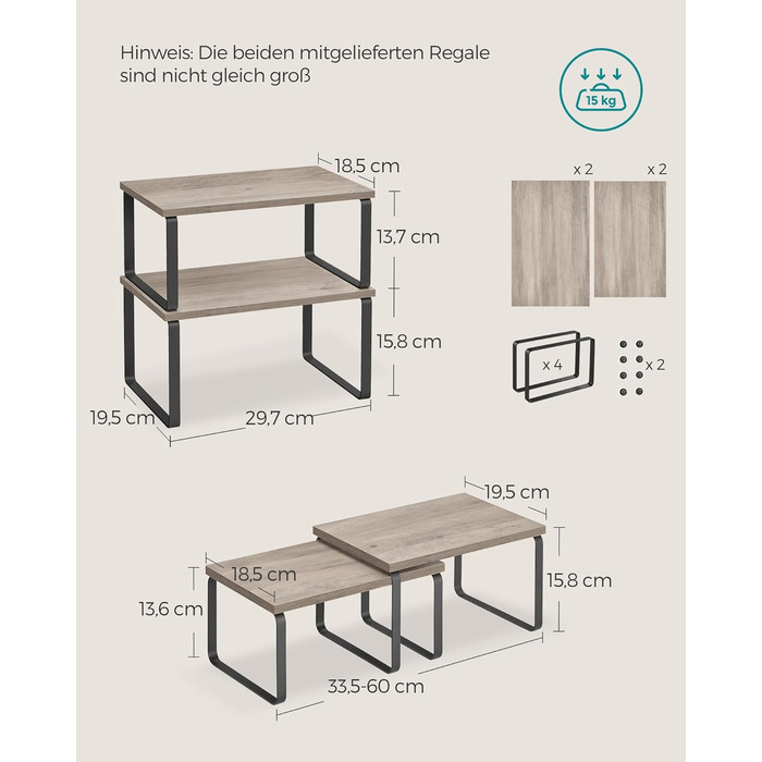 SONGMICS Spice Rack, 4-Piece Set, Kitchen Shelf, Kitchen Organizer, Expandable, Spice Holder, Stackable, with Metal Frame, 19.5 x 29.7 x 15.8 cm, Ink Black-Natural Beige KCS10NB (Ink Black + Greige Melange, 29.7B cm)