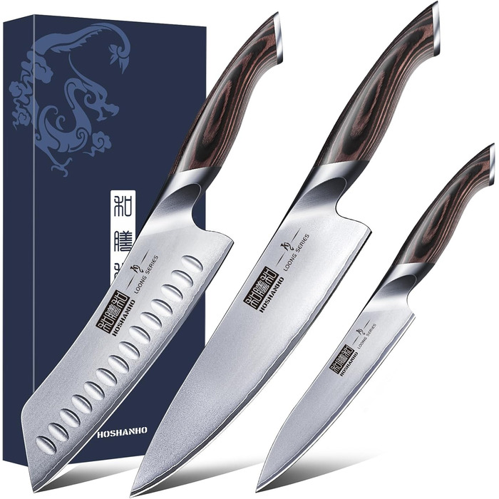 HOSHANHO 8-Piece Knife Set with Wooden Block - Professional Stainless Steel Kitchen Knife Set for Cooking