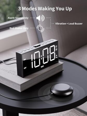 ROCAM Vibration Alarm Clock, Loud Alarm Clock for Deep Sleepers, 7'' Large Display, Bold Font, Digital, Adjustable Brightness, Dual Alarm, Snooze, USB Charger, for Use in the Bedroom (white)