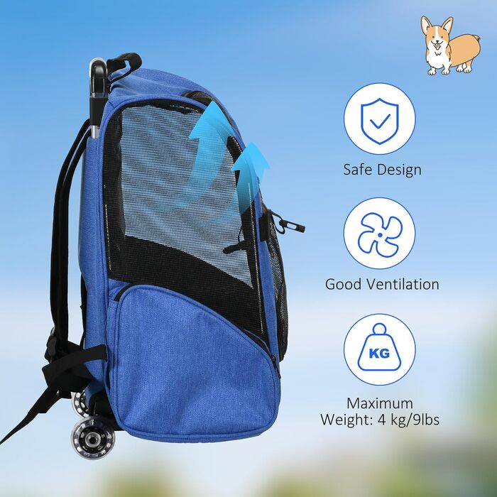 PawHut Рюкзак-переноска для собак і котів 2-в-1 з кишенями, телескопічною ручкою та колесами, 42 x 25 x 25 x 55 см, блакитний