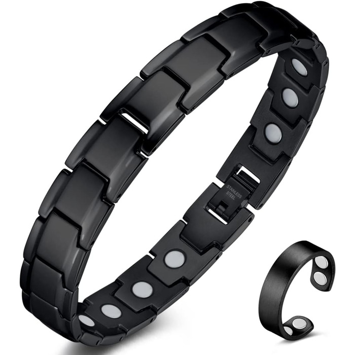 Браслет магнітний чоловічий Vicmag з титанової сталі, подвійний ряд магнітів, регулюється, з подарунковою коробкою (однорядний, чорний)