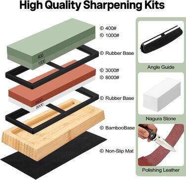Набір для заточування ножів Messer Schärfen Schleifstein: професійний точило з гранями 400, 1000, 3000, 8000, шкіра, бамбукова основа, кутник
