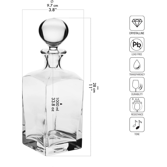 Krosno Whisky Rum Decanter Carafe with Stopper | 1000 ml | Caro Collection | Gift Box Brandy Glass | Water Bottle | perfect for home, restaurants and kitchen | Decanter ideal as a gift