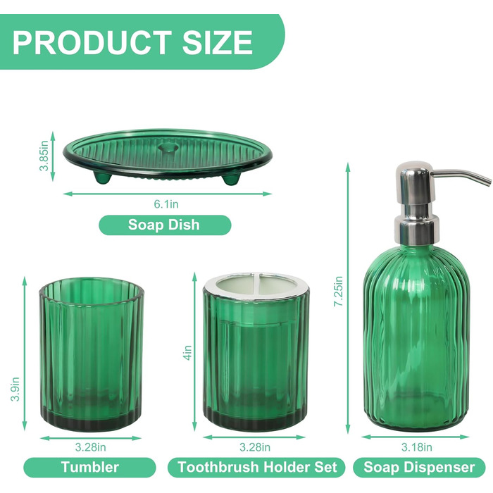 Umimile Bathroom Accessory Set, 6-Piece, Green Glass, Complete Toothbrush Holder, Cup, Lotion Dispenser, Soap Dish, Vanity Organizer, Aromatherapy Cup for Apartment, Bathroom Decor (Creen, 4 Pcs Bathroom Set)